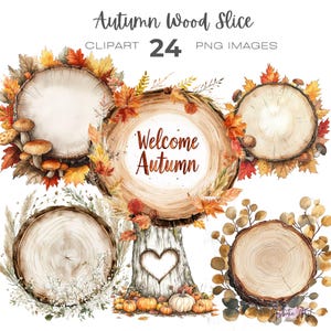 Watercolour Rustic Wood Slice Autumn Forest clipart bundle, Wedding, Boho floral clipart,  Love Tree Stump clipart