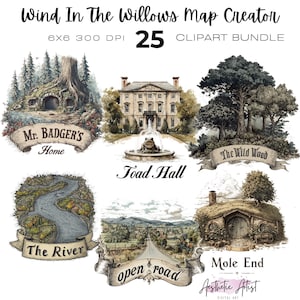 Puede incluir: Colección de 25 imágenes prediseñadas de "El viento en los sauces". Las ilustraciones incluyen "Mr. Badger's Home", "Toad Hall", "The Wild Wood", "The River", "Open Road" y "Mole End". Las imágenes son de estilo vintage con efecto acuarela.
