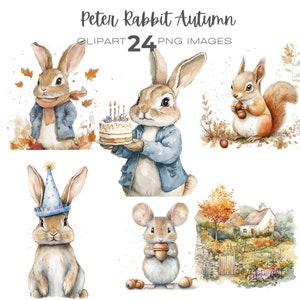 Pacote de clipart de outono em aquarela do Peter Rabbit, Beatrix Potter, clipart de aniversário do coelho, clipart de berçário