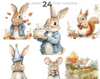 Watercolour Peter Rabbit Autumn Clipart bundle, Beatrix Potter, Bunny Rabbit Birthday clipart, Nursery clipart