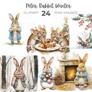 Puede incluir: Un conjunto de 24 imágenes digitales de clipart con Peter Rabbit y otras criaturas del bosque en un entorno invernal. Las imágenes incluyen a Peter Rabbit con un abrigo azul, un grupo de ratones comiendo un pastel y un conejo sosteniendo adornos navideños.