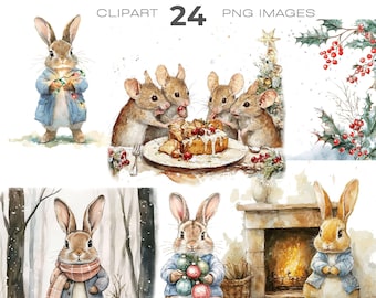 Watercolour Peter Rabbit Winter Clipart bundle, Beatrix Potter, Bunny Rabbit Christmas clipart, Nursery clipart