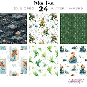 May include: A collection of 24 Peter Pan-themed pattern papers. The designs include illustrations of Peter Pan, mermaids, fairies, and scenes with ships and stars. The papers are 12x12 inches and feature a variety of colors and styles.