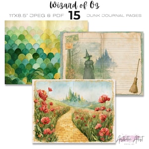 Pages du journal indésirable du magicien d'Oz, conte de fées de Dorothy, papier de scrapbooking le sorcier, méchant, homme en fer blanc, Dorothy in Oz, facile à imprimer