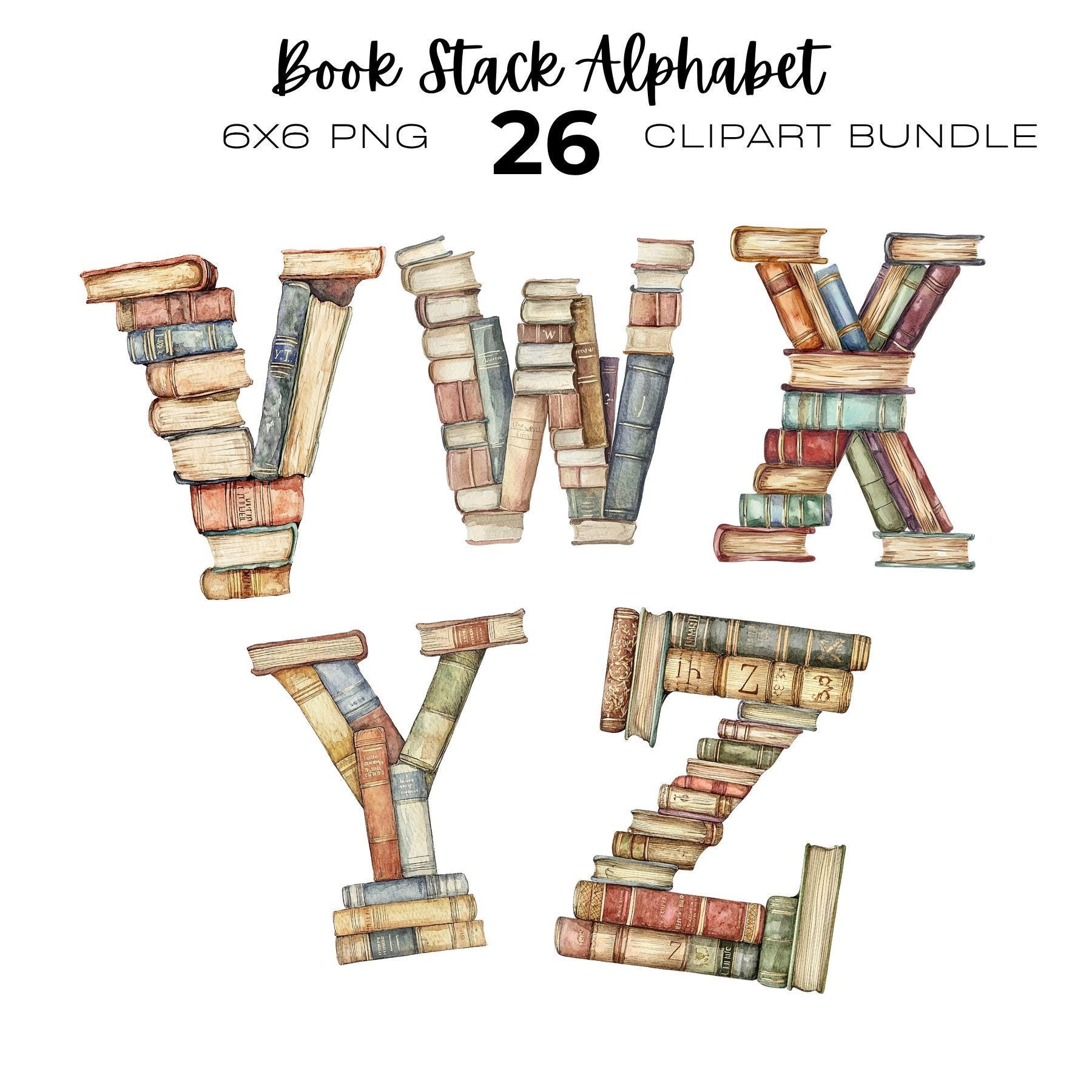 Watercolour Book Stack Alphabet Bundle, Library, Book Clipart, Reading ...