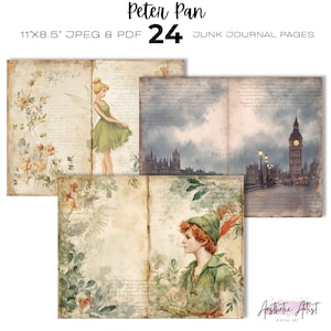 May include: A collection of 24 digital junk journal pages titled Peter Pan, measuring 11 by 8.5 inches. The pages feature vintage-style illustrations of Peter Pan and Tinker Bell, floral motifs, and London cityscapes with Big Ben in muted tones.