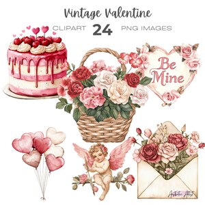 Paquete de imágenes prediseñadas de San Valentín vintage en acuarela, día de San Valentín, imágenes prediseñadas de Cupido, postre, imágenes prediseñadas de Be Mine