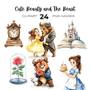 Clipart carino de La bella e la bestia, fiaba della principessa Belle, clipart del castello del libro delle fiabe