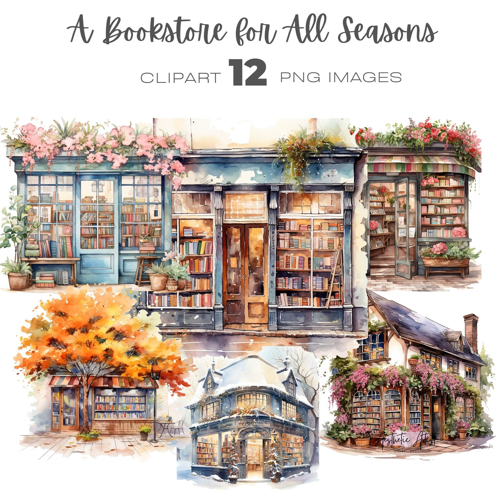 Watercolour Bookstore Watercolor Clipart, Book Shop Building, Cute Shop ...
