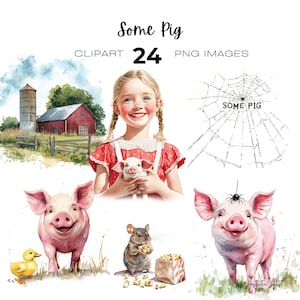 Aquarelle classique des cliparts cochon, toile de Charlotte, ferme clipart, clipart foire du comté
