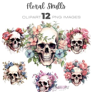 Floral Schädel Clipart, Aquarell Floral Schädel Clip Art Bundle, Gothic Clipart, Fantasy Clip Art, Hexe Png, Wicca Clipart, Schädel Png