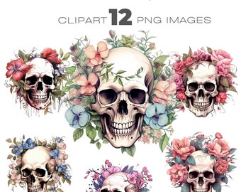 May include: Twelve digital clipart images of floral skulls. Each skull is surrounded by a wreath of colorful flowers, including roses, orchids, and other blooms. The skulls are drawn in a realistic style with intricate details.