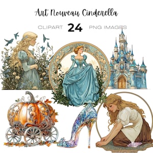 Cinderella Clipart, Art Nouveau Cinderella, Pumpkin Carriage Fairy Tale, Fairy Tale Book Castle clipart