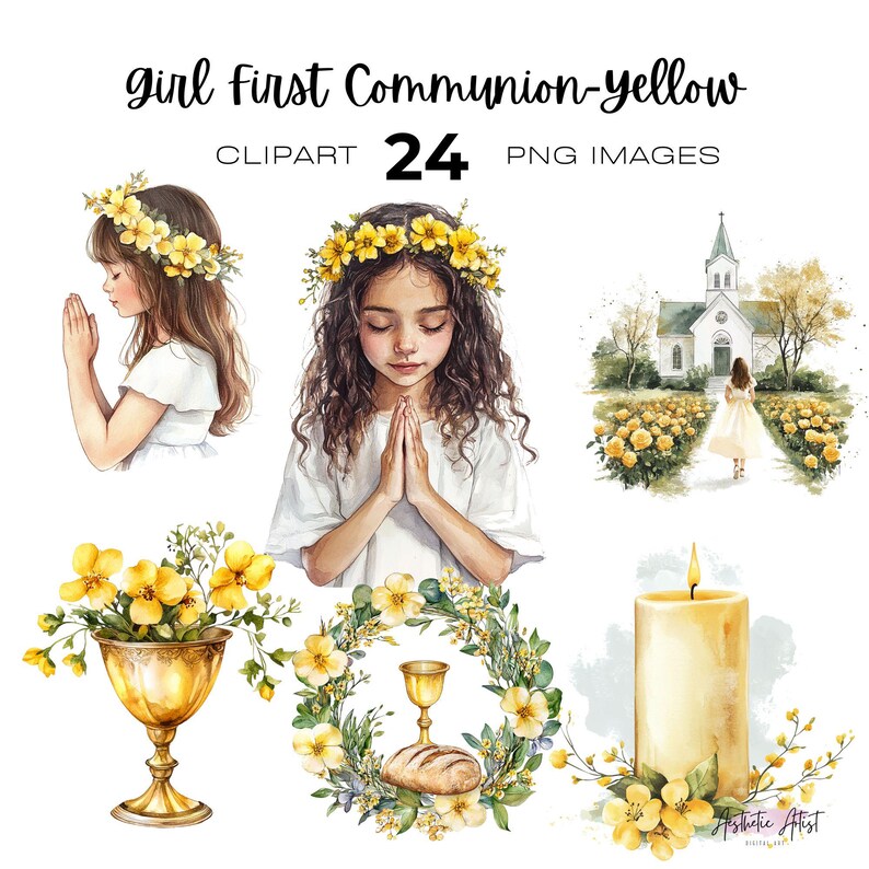 Watercolour Girl First Communion Clipart, Religious, Yellow Floral Png ...