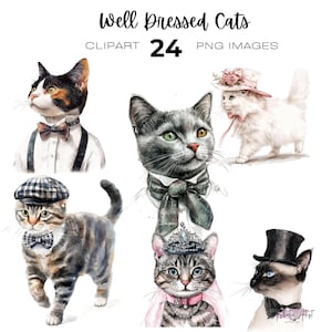 Puede incluir: Un conjunto de 24 imágenes digitales de clipart que muestran gatos vestidos con diferentes atuendos. Los gatos llevan sombreros, pajaritas y otros accesorios. Las imágenes están en un estilo de acuarela.