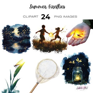 May include: Digital clipart set titled "Summer Fireflies" with 24 PNG images. The images include illustrations of fireflies, children running, a jar of fireflies, a net, and a landscape with fireflies.