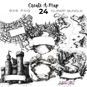 May include: Black and white digital art clipart bundle with the text "Create A Map". The bundle includes 24 PNG images of fantasy maps, castles, and cityscapes. Each image has a blank banner for customization.
