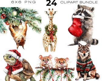 水彩画のクリスマス動物のクリップアートバンドル、冬、クリスマスのクリップアート、かわいい動物、クリスマスカード