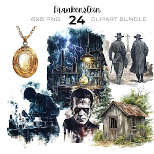 Pode incluir: Um pacote de clipart digital com tema Frankenstein, com ilustrações em aquarela. Inclui um medalhão de ouro, uma cena de laboratório, duas figuras andando, um retrato do monstro de Frankenstein e uma cabana rústica. O texto "Frankenstein 24 Clipart Bundle" está no topo.