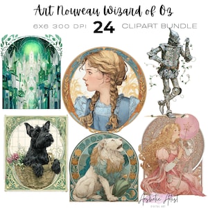 May include: A digital clipart bundle featuring Art Nouveau illustrations of characters and scenes from The Wizard of Oz. Includes images of Dorothy, the Tin Man, the Cowardly Lion, and the Emerald City, with the text "Art Nouveau Wizard of Oz".