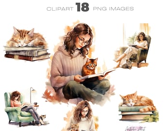 Watercolour Cozy Cats With Books Clipart, Graphics for Cat Lovers Gift, Cat On Books Png Instant Download, Cat Reading Book