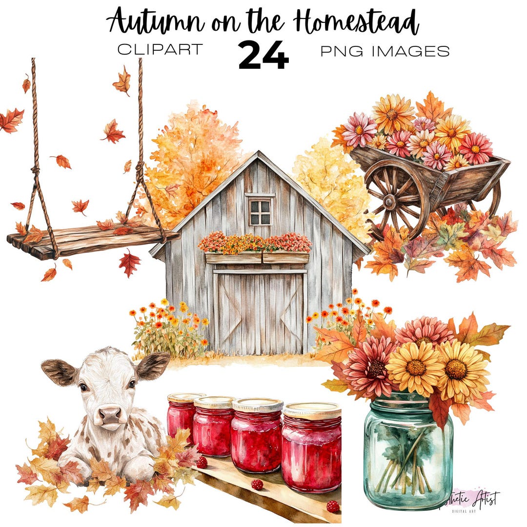 Homestead Fall Watercolour Autumn on the Homestead Clipart, Autumn Farm Graphics ...