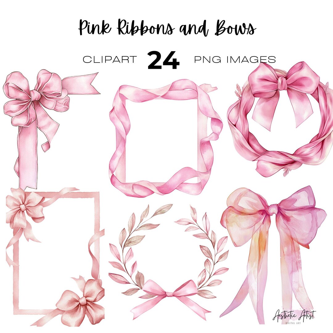 Pink Ribbon and Bow Borders, Frames Wreath, Decorative Clipart, Baby ...