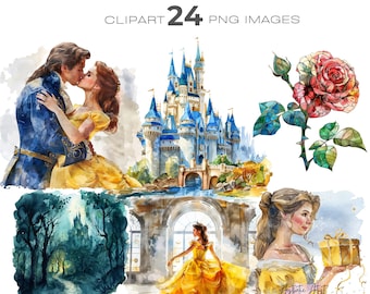 Puede incluir: Un conjunto de 24 ilustraciones digitales con personajes y escenas de la película de Disney La Bella y la Bestia. El conjunto incluye una pintura de acuarela de Bella y la Bestia besándose, Bella y la Bestia bailando en un salón de baile, el castillo de la Bestia, una rosa y una escena de bosque.