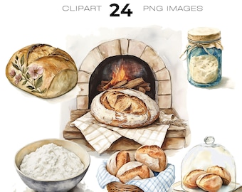 May include: Watercolor illustration of sourdough bread, a rustic brick oven, and jars of sourdough starter. The illustration is titled "Sourdough on the Homestead" with the text "24 PNG Images" below it.
