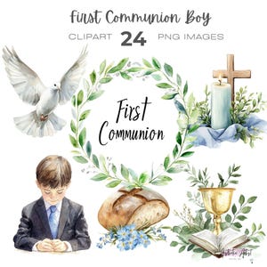 Aquarell Junge erste Kommunion Clipart, religiös, grün blau erste Kommunion Png Sofortiger Download, Erstkommunion, Junge beten, Kreuz