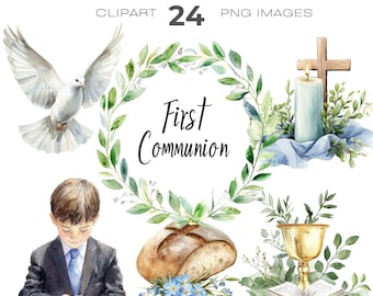 Clipart de primera comunión de niño en acuarela, religioso, descarga instantánea de primera comunión verde y azul, primera comunión, niño rezando, cruz