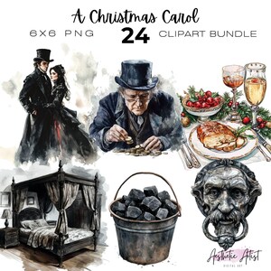 May include: A digital clipart bundle titled "A Christmas Carol" featuring watercolor illustrations. The images include a couple in Victorian attire, an elderly man counting coins, a festive dinner, a four-poster bed, a coal bucket, and a decorative door knocker.
