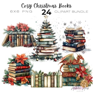 Peut inclure: Un ensemble d'images numériques intitulé Cozy Christmas Books 24 Clipart Bundle 6x6 PNG présentant des illustrations à l'aquarelle de livres empilés décorés de poinsettias, de branches de pin, de flocons de neige et d'un petit dragon.