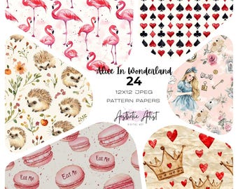 Alice In Wonderland Pattern Paper Bundle, White Rabbit, Mad Hatter, Tea Party Seamless Pattern