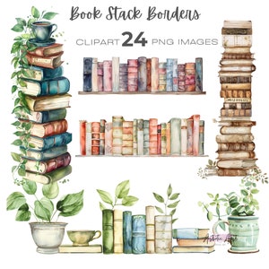 Watercolour Stack of Books clipart bundle, Library, Book Stack border clipart, book border  clipart