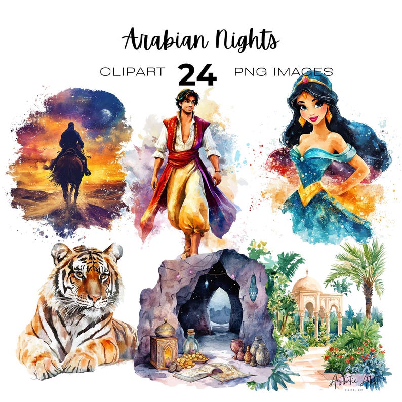 Pode incluir: Um conjunto de 24 imagens de arte digital clipart que representam personagens e cenas de As Mil e Uma Noites. O conjunto inclui um tigre, uma caverna, um pal&aacute;cio, um homem com turbante e uma mulher com um vestido azul.