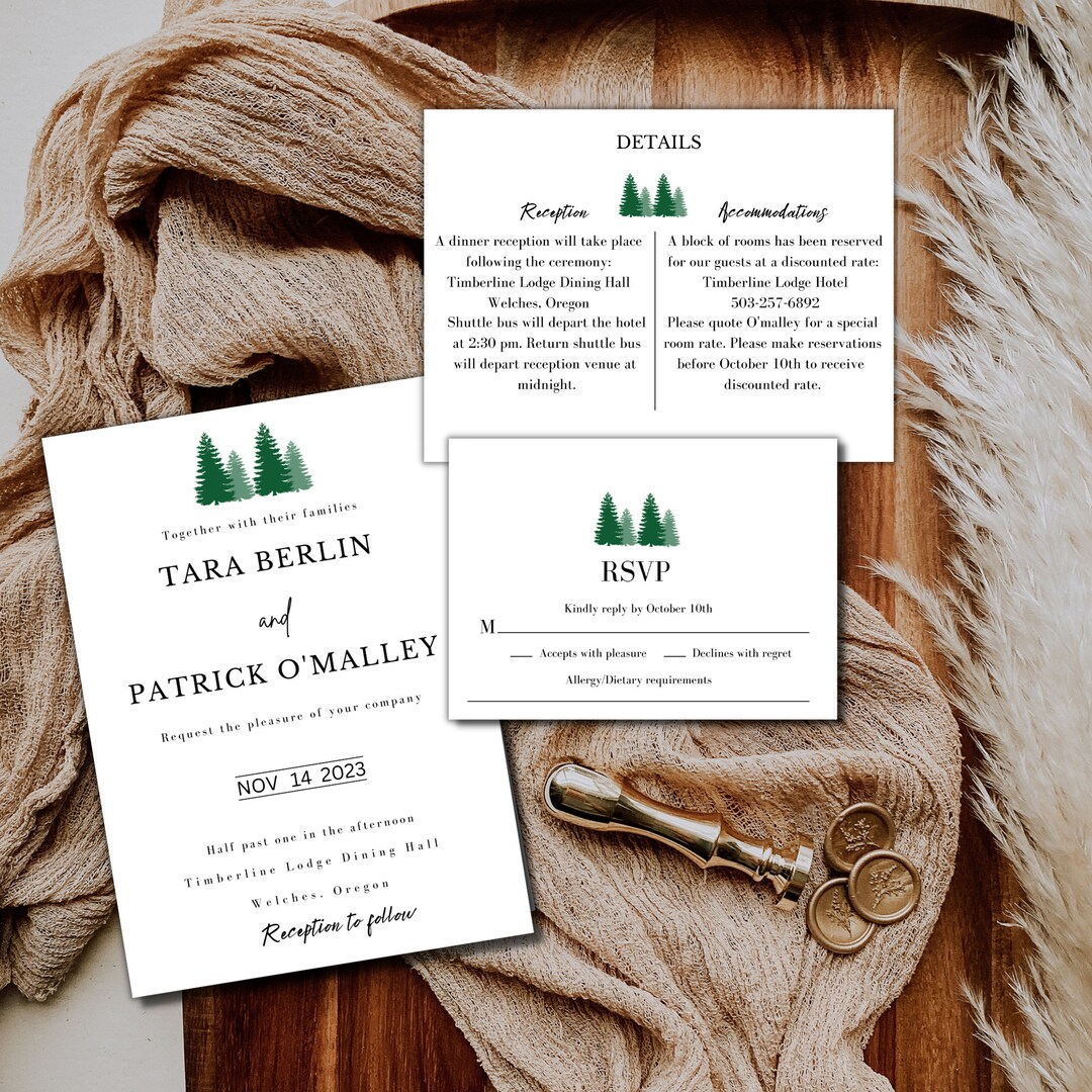 Pine Tree Wedding Invitation Template Set, Rustic Pine Tree Wedding