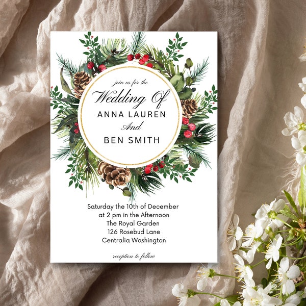 Christmas Wreaths Wedding Invitation Card Printable, Lush Greenery Cool PDF Wedding Invitation, Simple Elegant Fun Wedding Invite-Editable