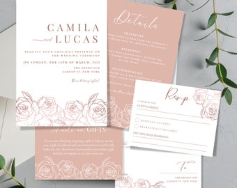Romantic rose and white wedding Invitation, Printable Invitation template, floral boho editable wedding invitation suite, digital download