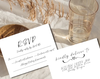 Cute Wedding RSVP Card Template, Modern Wedding Reply Card, Minimalist Wedding Reply Card, Black and White, DIY RSVP Card, Digital