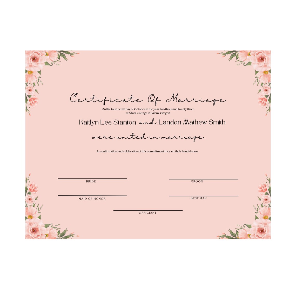 Editable Rose Marriage Certificate Template, Printable Marriage Certificate, Floral Wedding ...