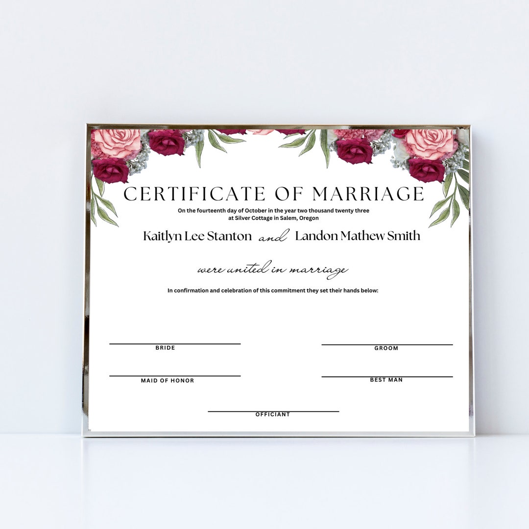 Editable Marriage Certificate Template, Printable Marriage Certificate ...