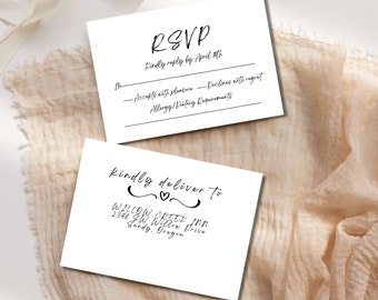 Cute Wedding RSVP Card Template, Modern Wedding Reply Card, Minimalist Wedding Reply Card, Black and White, DIY RSVP Card, Digital