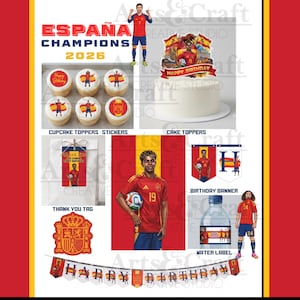 以下が含まれることがあります： スペインのサッカーをテーマにしたパーティー用品のコレクション。カップケーキトッパー、ケーキトッパー、サンキュータグ、バースデーバナー、ウォーターボトルラベル、大きなポスターが含まれており、すべてに「ESPAÑA CHAMPIONS 2026」というテキストが表示されています。