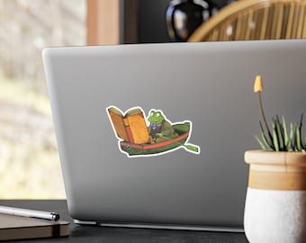 Vintage Frog Reading Sticker, Kiss Cut Vinyl Decal, Perfect for Laptops and Water Bottles, Gift for Book Lovers