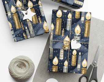 Golden and Silver Candles Wrapping Paper Navy Background Perfect for Birthday, Hanukkah, Christmas - Premium Gift Wrap Sheet