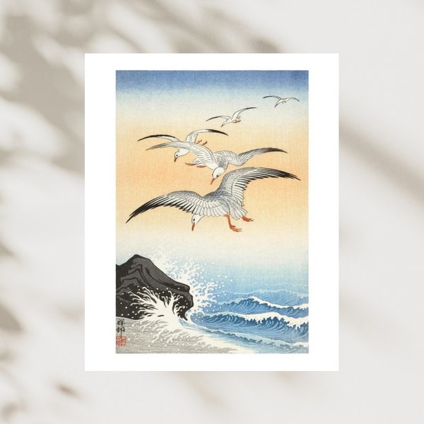 Japanischer Kunstdruck Ohara Koson Fünf Möwen über dem turbulenten Meer Naturkunstposter Ideales Wohndekor-Geschenk