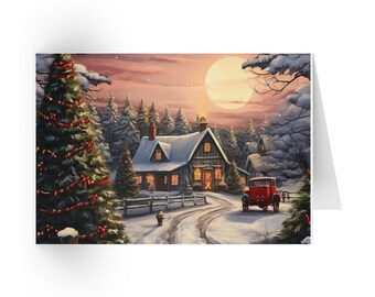 Puede incluir: Tarjeta de Navidad con una escena invernal nevada: una casa iluminada, un coche rojo antiguo y una luna llena. La casa tiene ventanas iluminadas y una chimenea humeante. Los árboles de Navidad están decorados con cintas rojas.