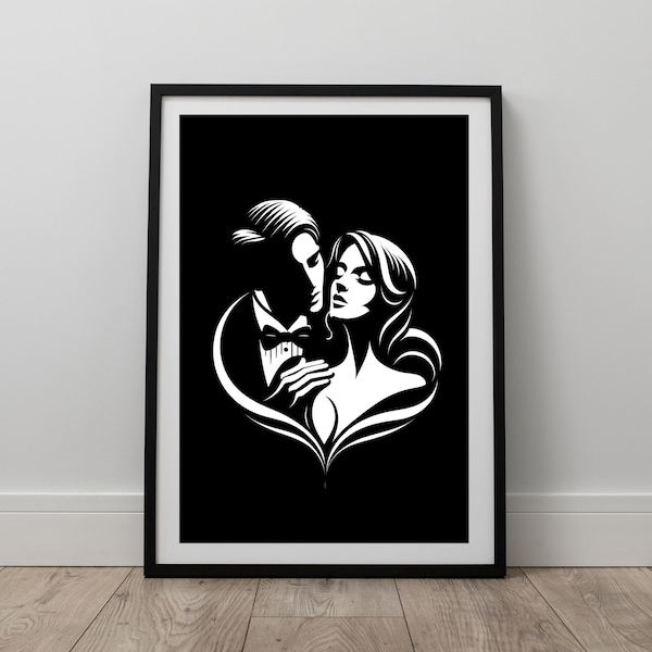 Elegant Romantic Couple Art, Man and Woman Passionate Embrace, Black and White Digital Print, PNG format