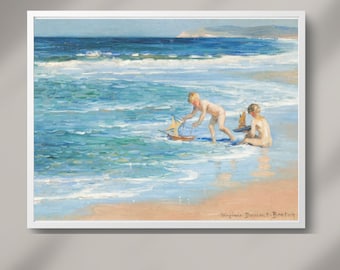 Virginie Demont-Breton The Little Boats Print, Enhanced Beach Scene, Children&#39;s Maritime Adventures Art Poster
